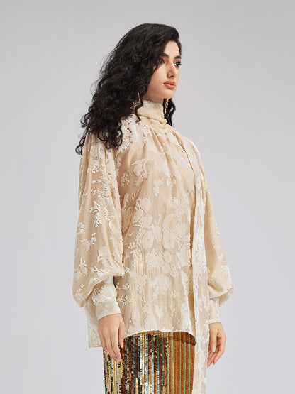 Mulberry Silk Burnout Velvet Tie Collar Blouse