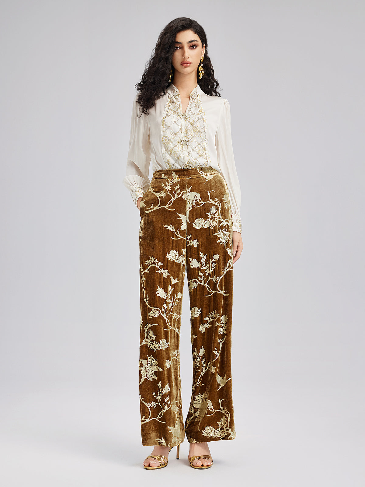 Final Sale | Gold Silk Foil Velvet Trousers (No Belt)