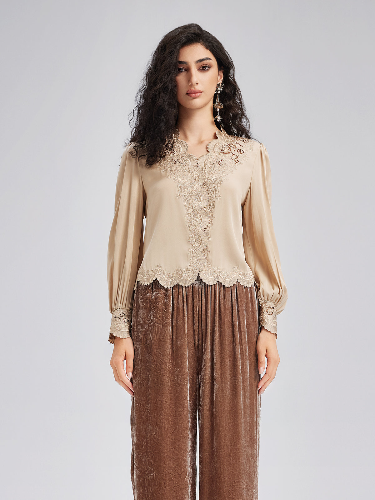 Silk Mulberry Heavy Embroidered Lace Top