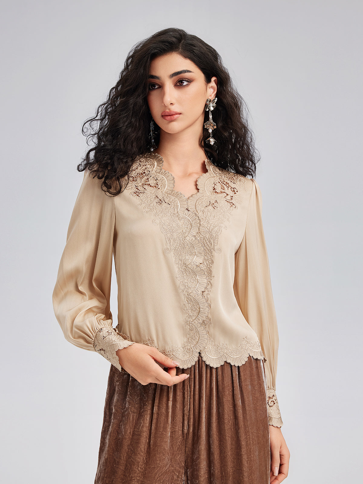 Silk Mulberry Heavy Embroidered Lace Top