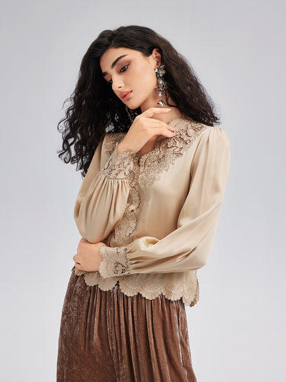 Silk Mulberry Heavy Embroidered Lace Top