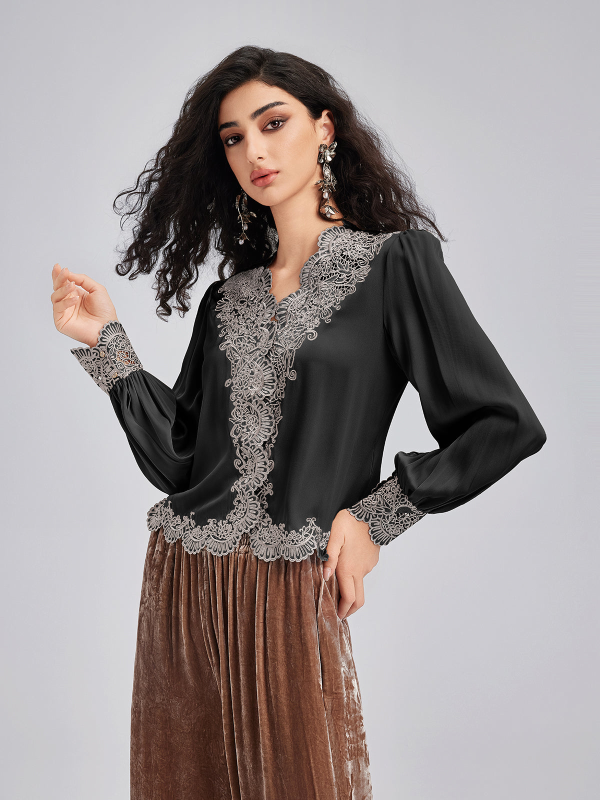 Silk Mulberry Heavy Embroidered Lace Top