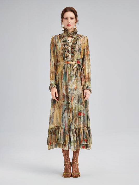 Silk Art Print Pleated Dress