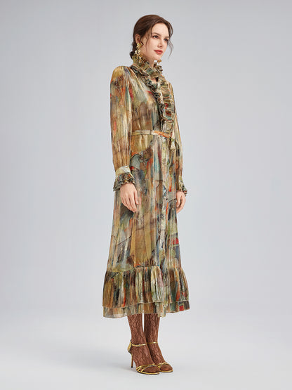 Silk Art Print Pleated Dress