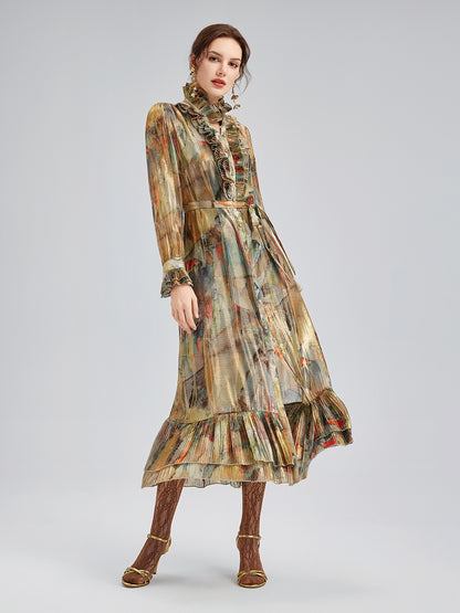 Silk Art Print Pleated Dress