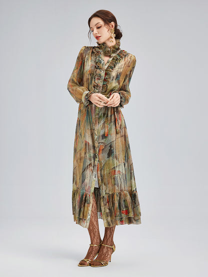 Silk Art Print Pleated Dress