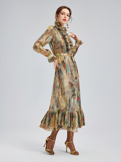 Silk Art Print Pleated Dress