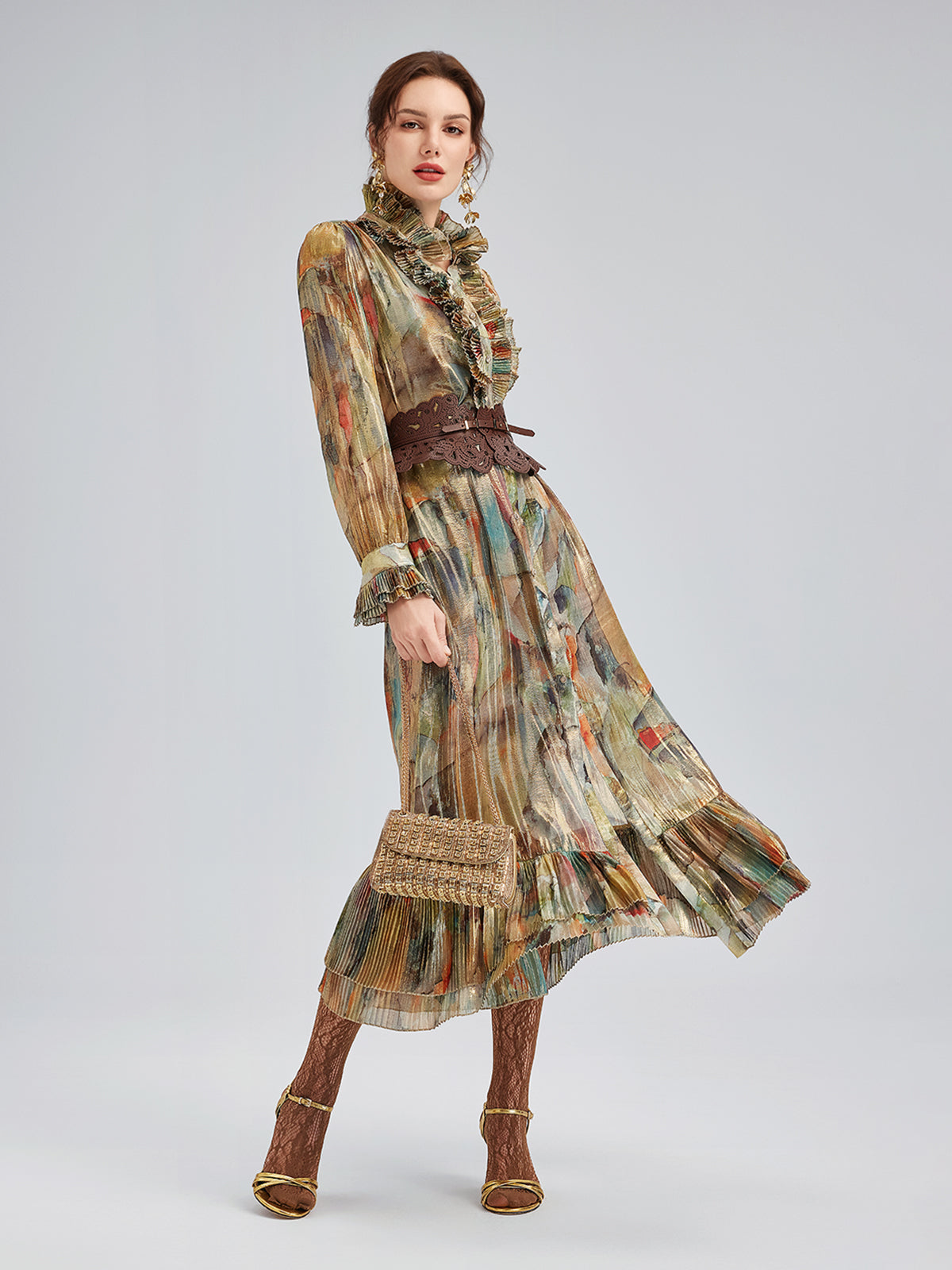 Silk Art Print Pleated Dress