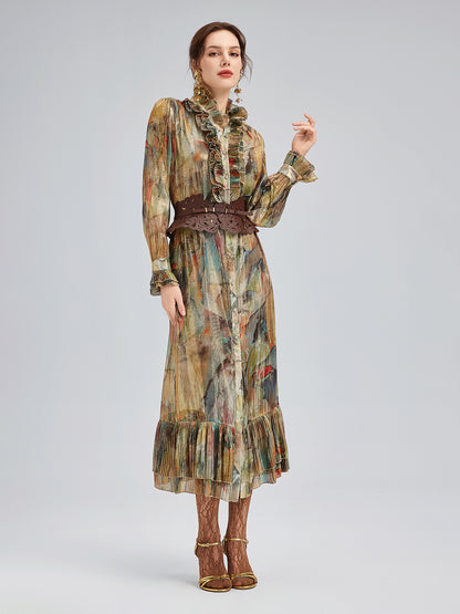 Silk Art Print Pleated Dress