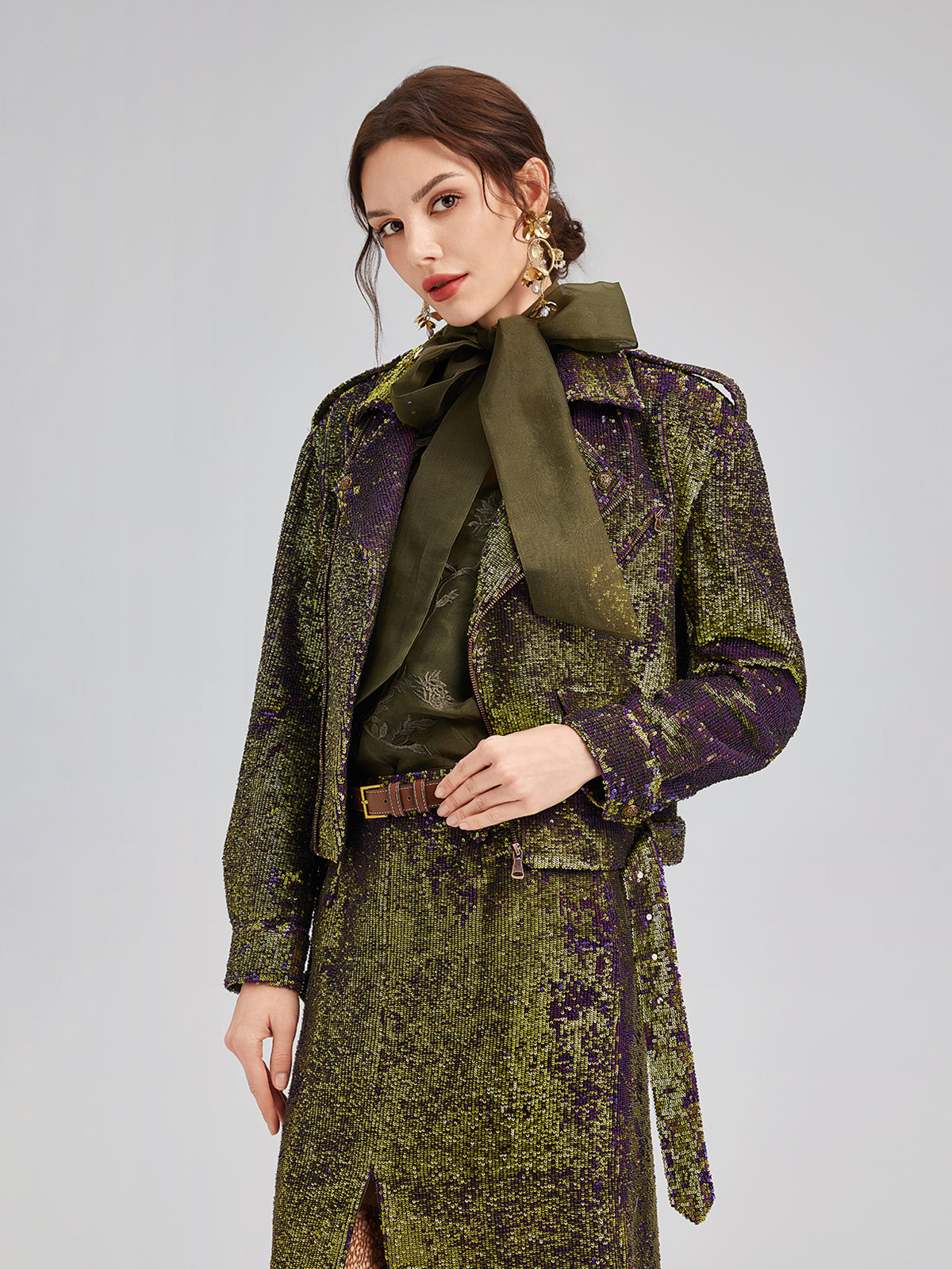 French Couture Two-Tone Sequin Trench Coat