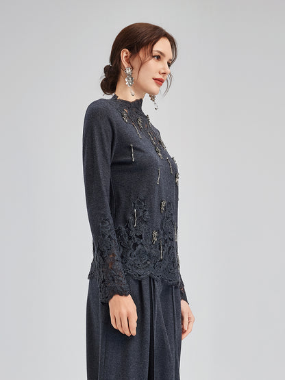 Merino Wool Lace Beaded Knit Top