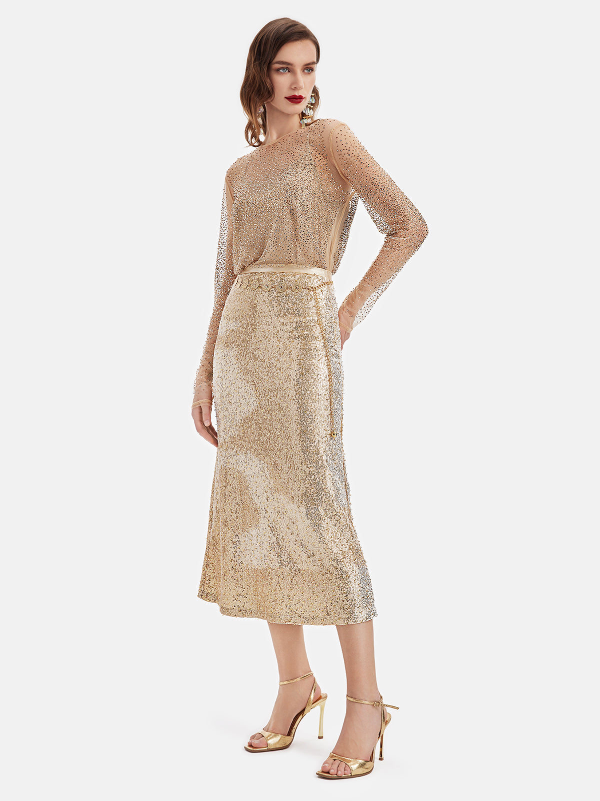 Shiny Gold Sequin Midi Skirt