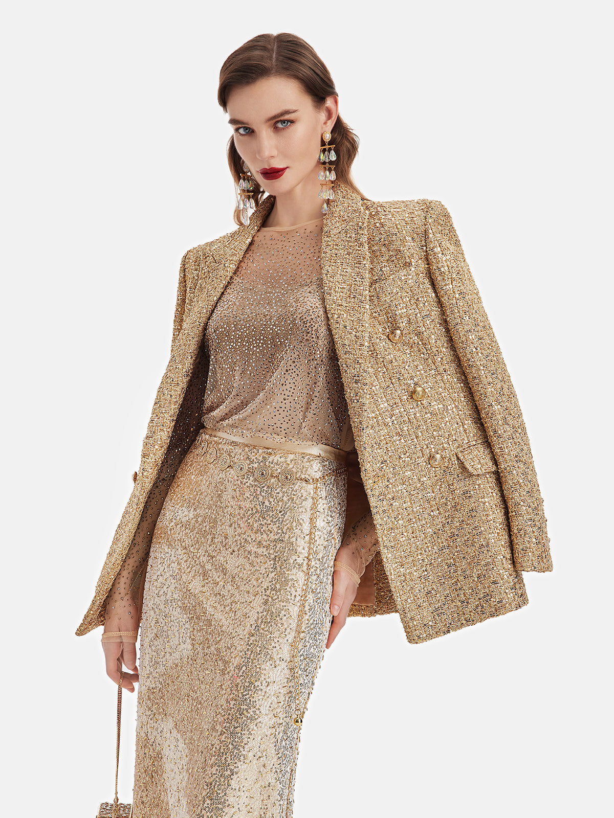 Glamorous Gold-Tweed Double-Breasted Jacket