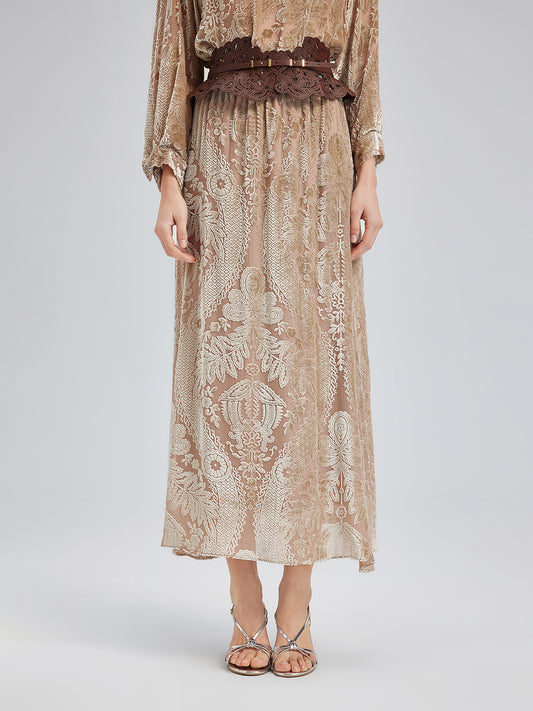 Mulberry Silk Burnout Velvet A-Line Skirt