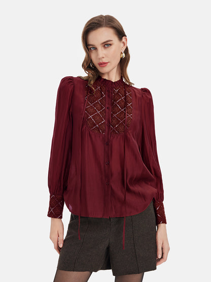 Embroidered Ruffled Tie Neck Top