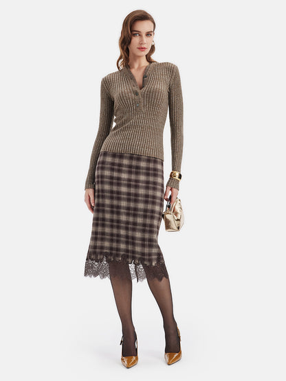 Vintage Plaid Lace Midi Skirt