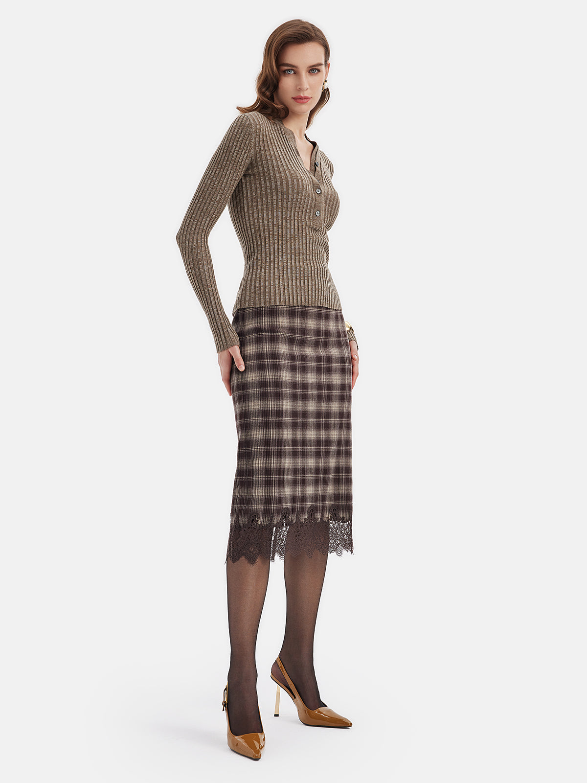 Vintage Plaid Lace Midi Skirt