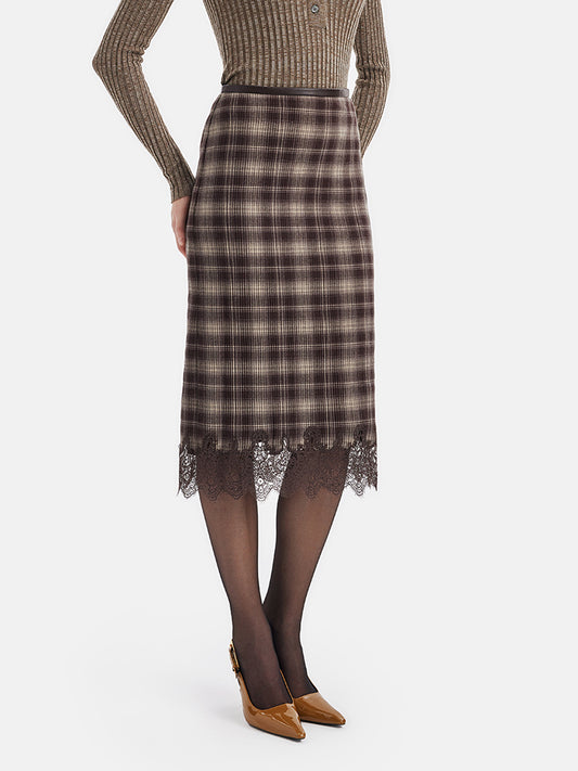 Vintage Plaid Lace Midi Skirt