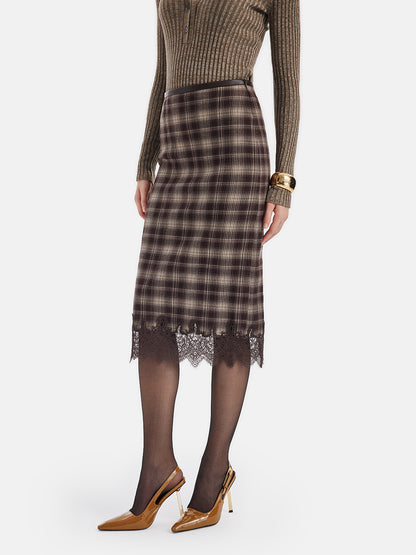 Vintage Plaid Lace Midi Skirt