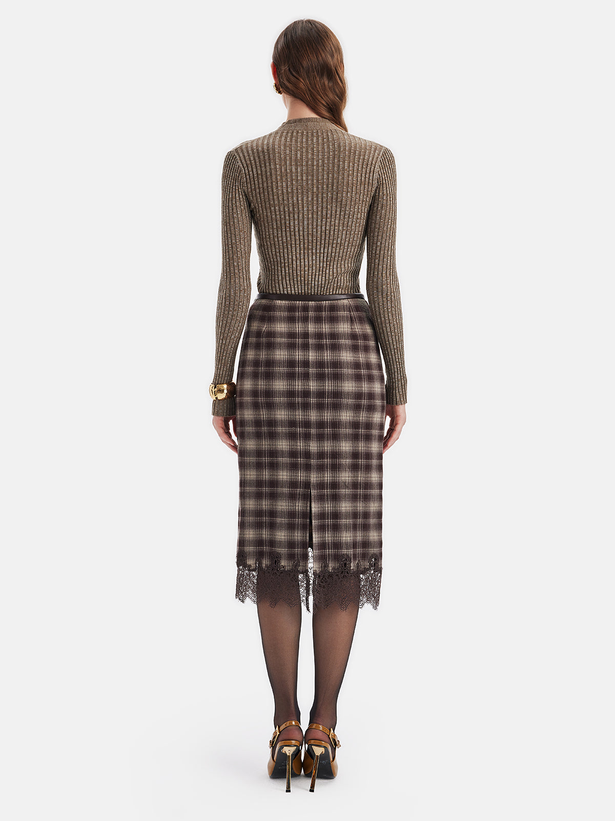 Vintage Plaid Lace Midi Skirt