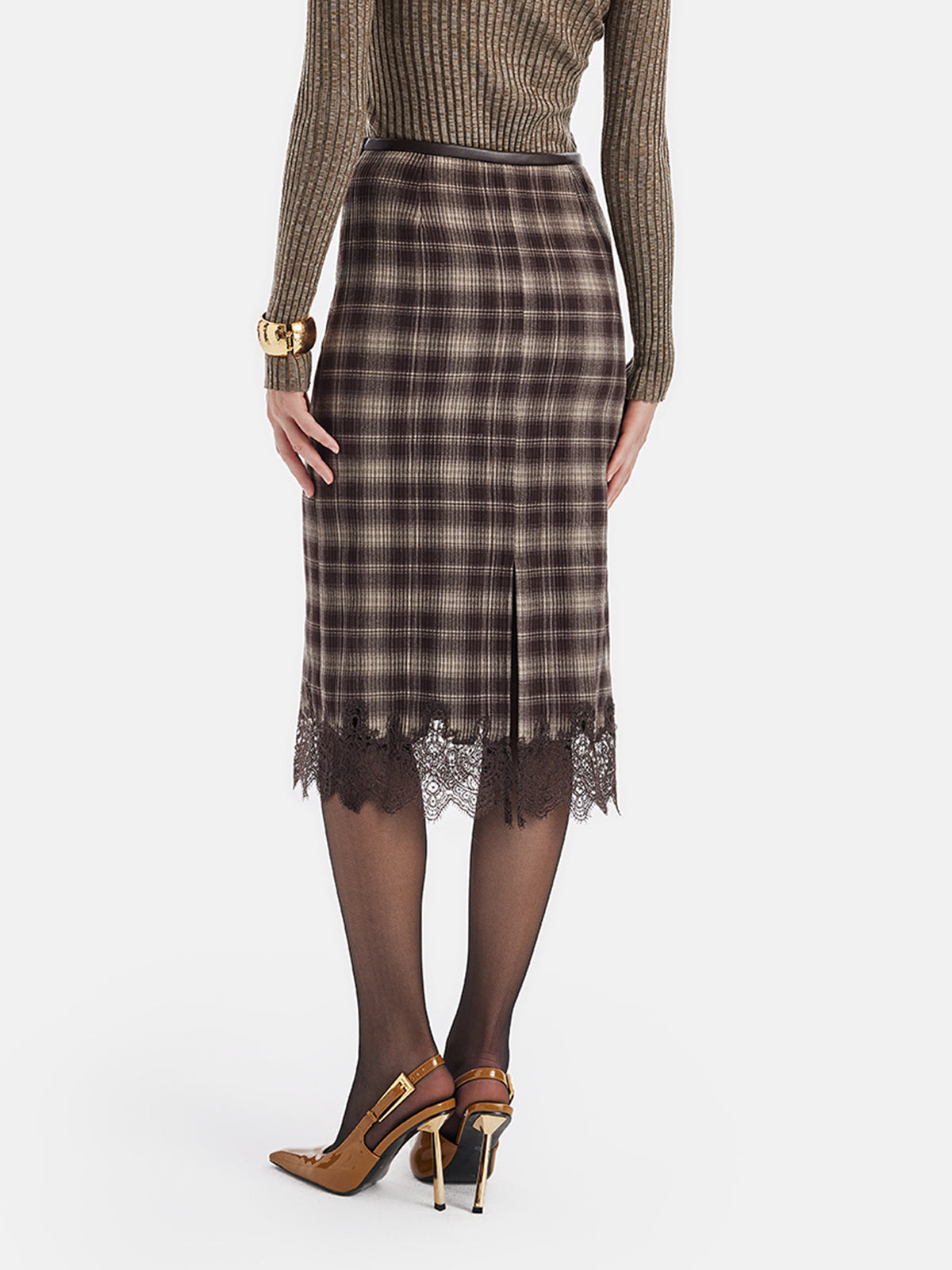 Vintage Plaid Lace Midi Skirt