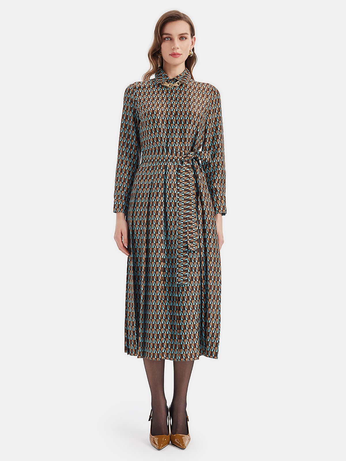 Silk Geometric Print Shirt Dress