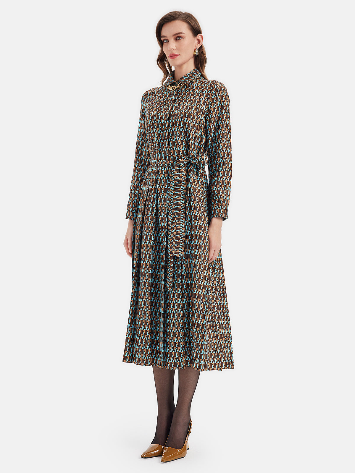 Silk Geometric Print Shirt Dress