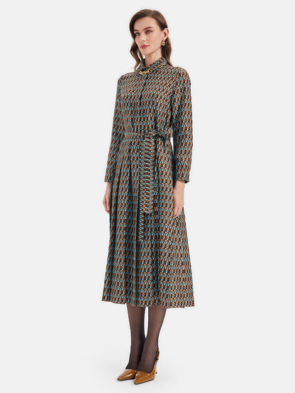 Silk Geometric Print Shirt Dress