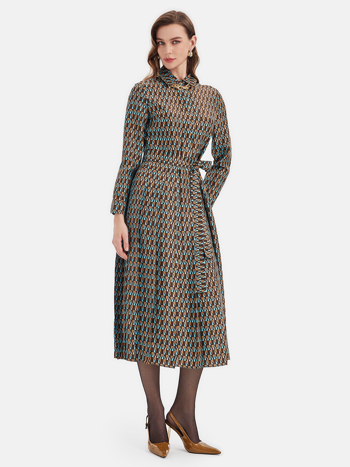 Silk Geometric Print Shirt Dress