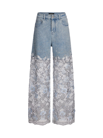 Elegant Rhinestone Lace Denim Jeans