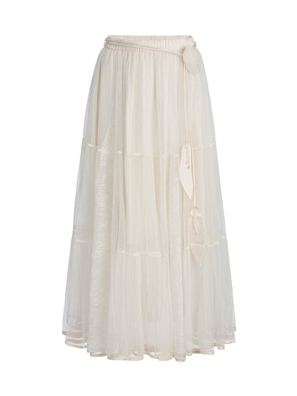 Pleated Mesh Elastic Waist Skirt