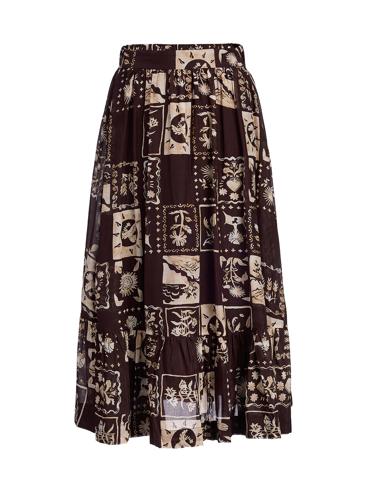 Silk Botanical Print Midi Skirt