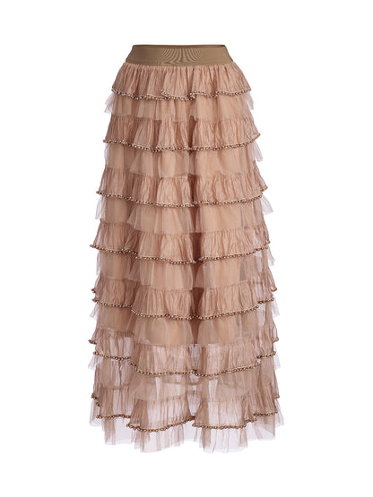 Beaded Layered Tulle Elastic-Waist Skirt