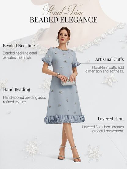 Hand-Sewn Beaded Floral-Trim Dress