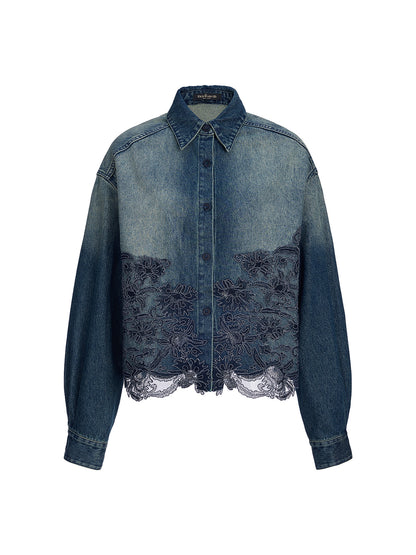 Lace-Paneled Cotton Denim Jacket