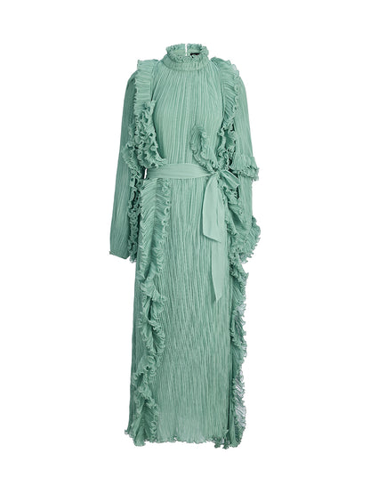 High-Neck Pleated Ruffle Dress