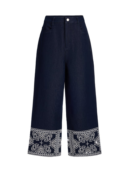 Cutout Embroidered Cotton Straight-Leg Pants