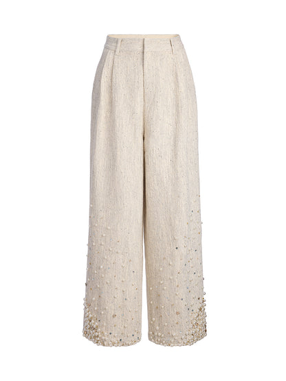 Hand-Sewn Pearl Textured Straight-Leg Pants