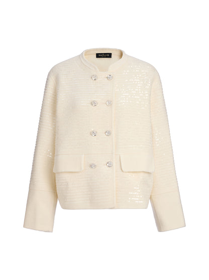 Wool Sequin-Embroidered Round Neckline Jacket (100% Wool)