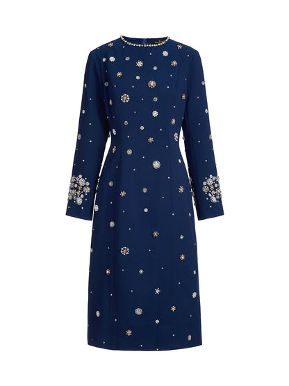 Hand-Beaded Long-Sleeve Navy Dress