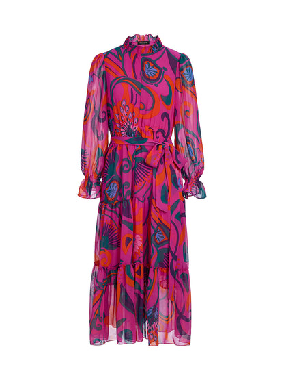 Printed Elastic Waist Mock Neck Dress (Detachable Belt Included)