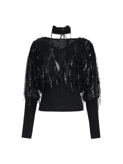 Batwing Stretch Sequin Fringe Top