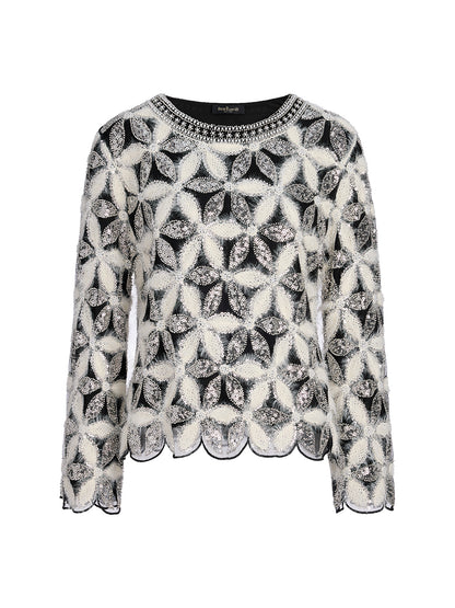 Beaded Floral Long-Sleeve Knit Sweater