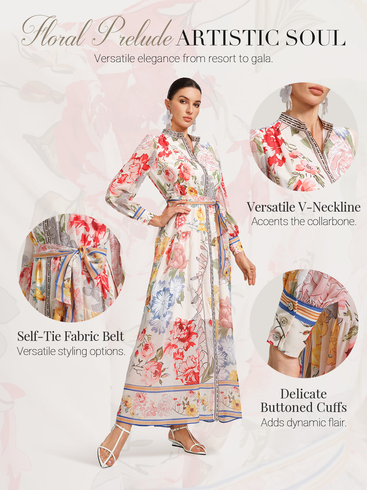 Elegant floral print dress featuring a V-neckline, self-tie waist belt, and delicate buttoned cuffs