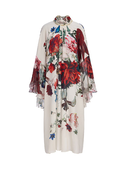 100% Silk Batwing-Sleeve Printed Dress