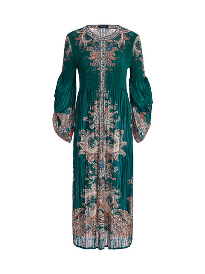 Printed Pleated Lantern Sleeve Dress
