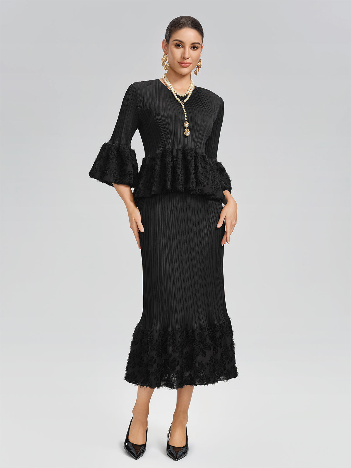 Pleated Bell-Sleeve Stretch Set