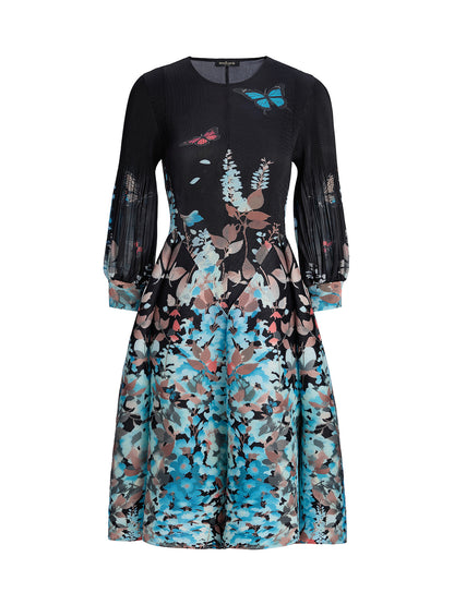 Pleated Printed Lantern-Sleeve Dress