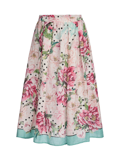 100% Linen Peony Polka Dot Print A-Line Skirt