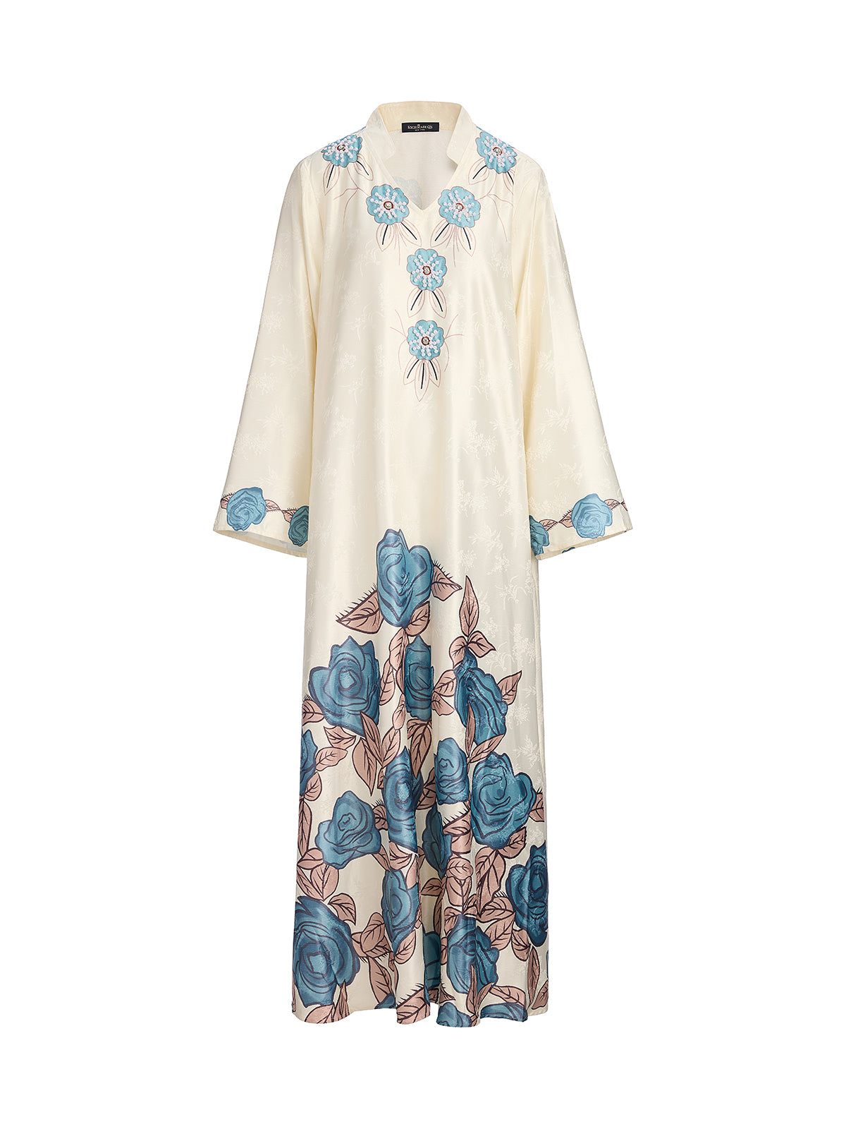 Pearl-Embellished Floral V-Neck Relaxed Dress